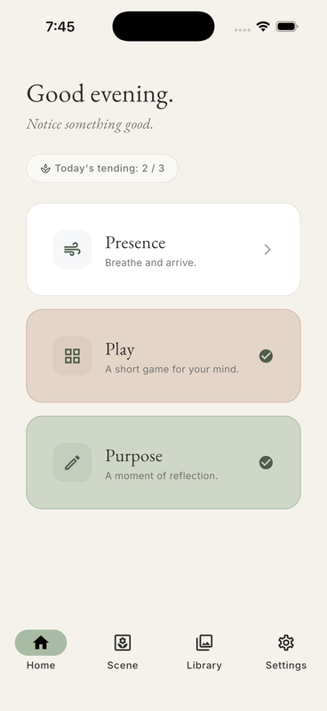 Adelaide app: Home screen showing Presence, Play, and Purpose