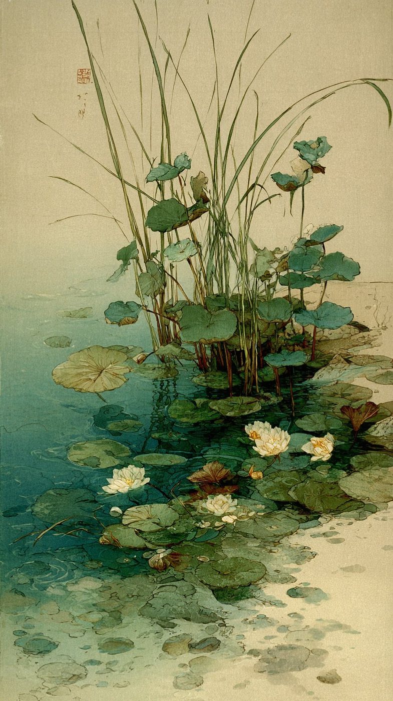 Japanese woodblock-inspired illustration of a lotus pond with water lilies